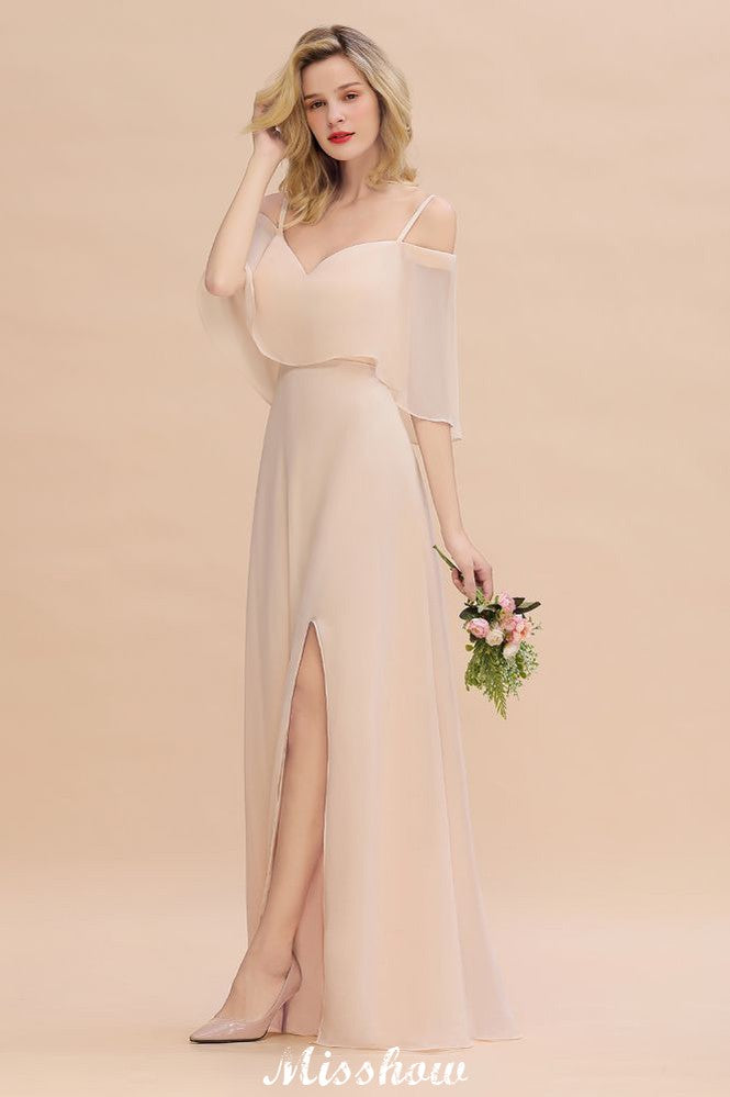 Simple Spaghetti Straps Tiered Bridesmaid Dresses | Side Slit A-Line Sleeveless Evening Maxi Dresses