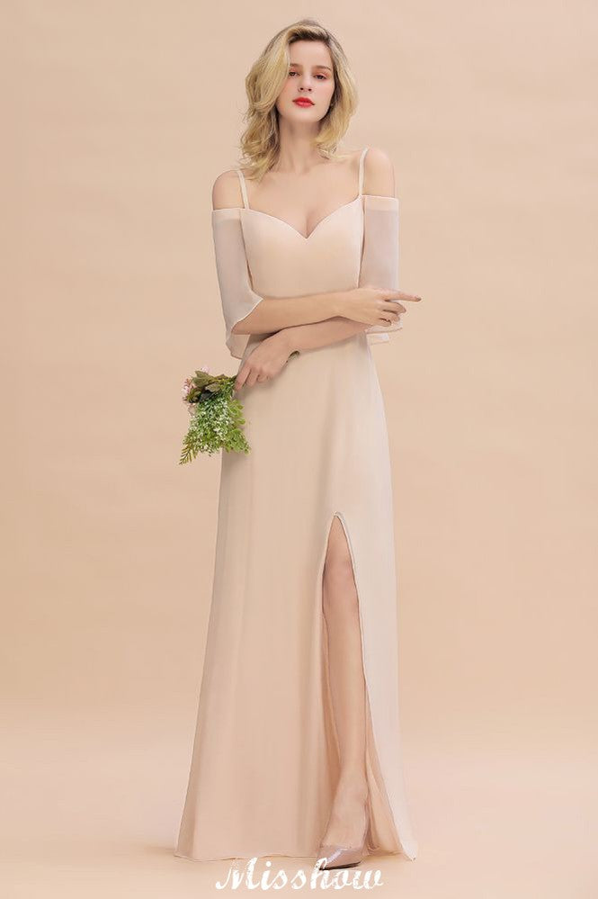 Simple Spaghetti Straps Tiered Bridesmaid Dresses | Side Slit A-Line Sleeveless Evening Maxi Dresses