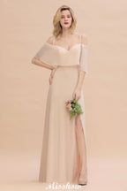 Simple Spaghetti Straps Tiered Bridesmaid Dresses | Side Slit A-Line Sleeveless Evening Maxi Dresses