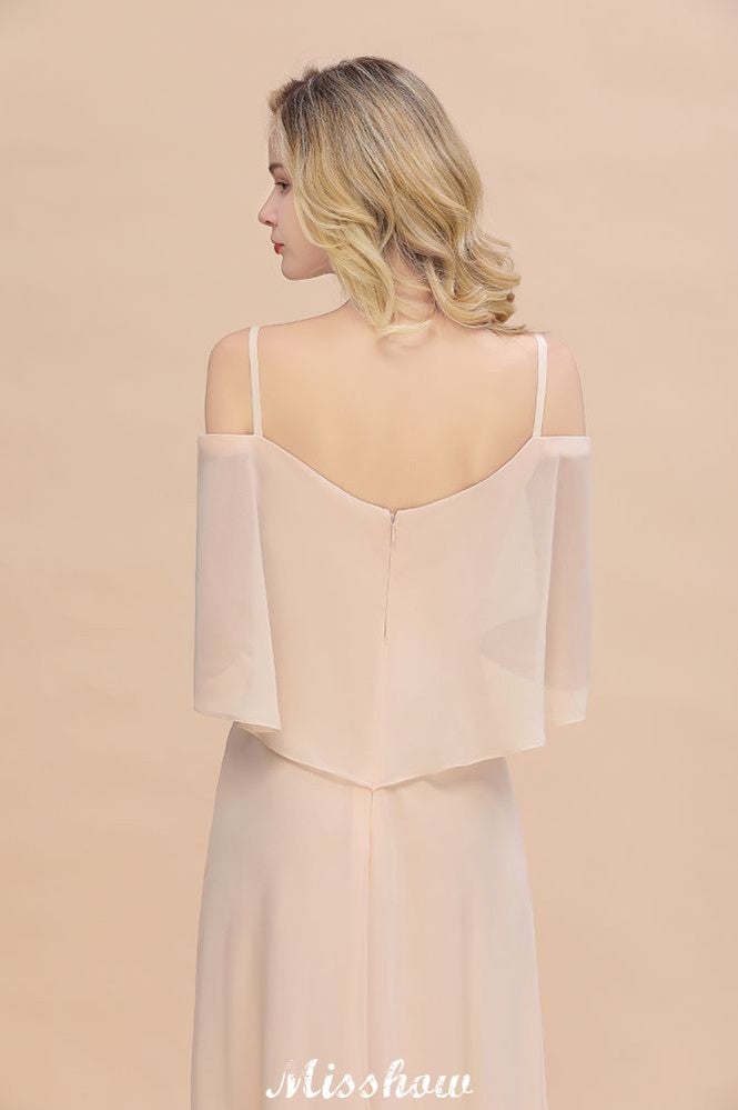 Simple Spaghetti Straps Tiered Bridesmaid Dresses | Side Slit A-Line Sleeveless Evening Maxi Dresses