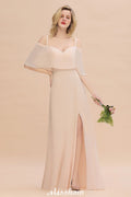 Simple Spaghetti Straps Tiered Bridesmaid Dresses | Side Slit A-Line Sleeveless Evening Maxi Dresses
