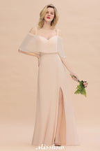 Simple Spaghetti Straps Tiered Bridesmaid Dresses | Side Slit A-Line Sleeveless Evening Maxi Dresses