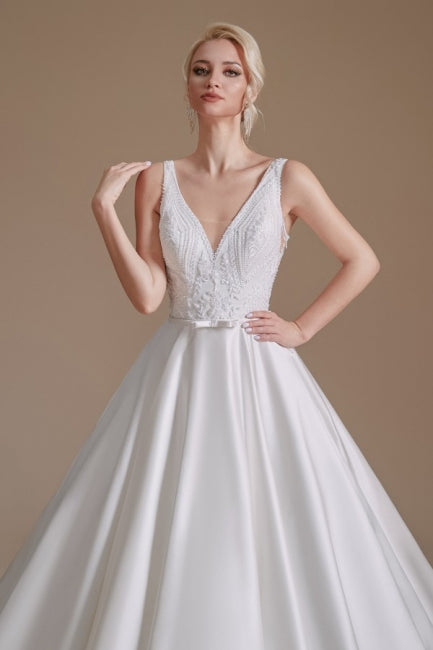 Robes de mariée en satin longues jusqu'au sol, sans manches, en ligne A, à bretelles simples avec volants