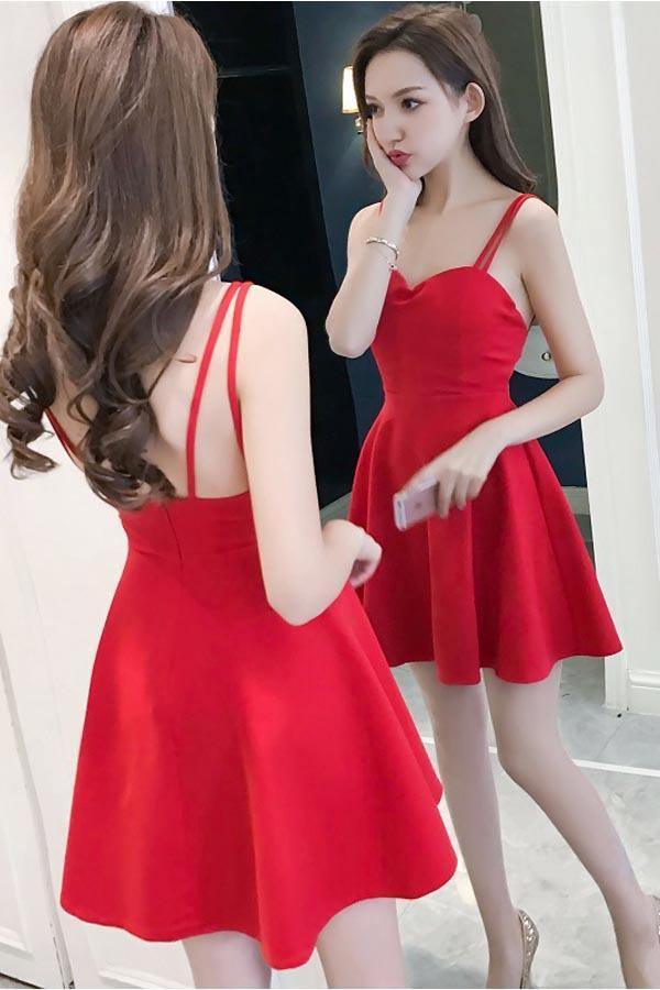 Simple Straps Sweetheart Red Satin Homecoming Dresses Party Dresses