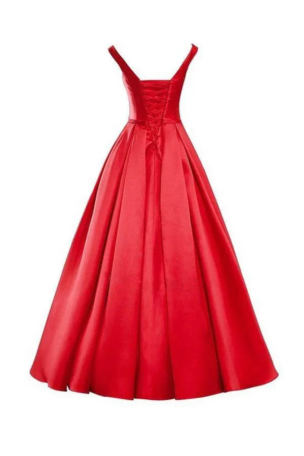 Simple V-Neck Bowknot Lace-Up Red Prom Dress Bridesmaid Dress BD028