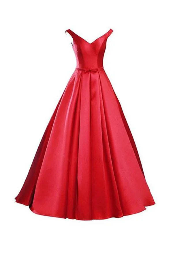 Simple V-Neck Bowknot Lace-Up Red Prom Dress Bridesmaid Dress BD028
