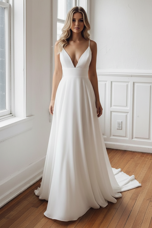 Boho Chiffon V Neck A Line Wedding Dress With Covered Buttons