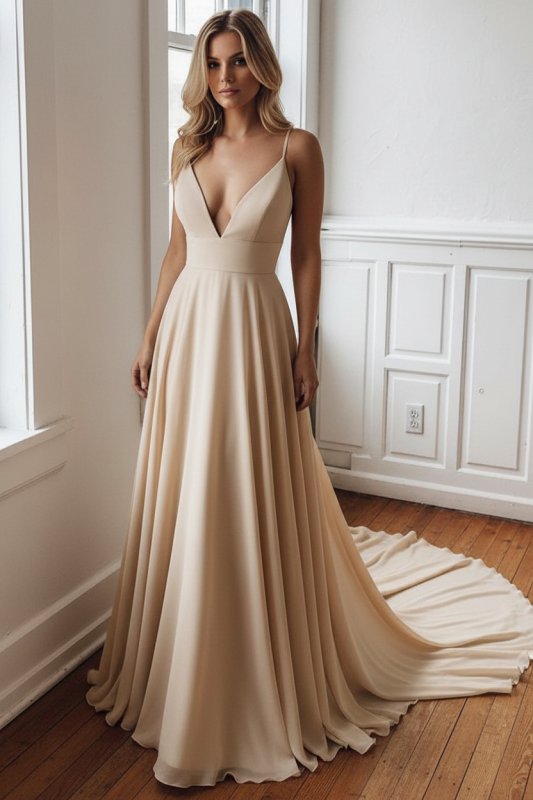 Boho Chiffon V Neck A Line Wedding Dress With Covered Buttons