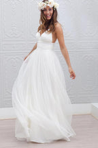 Vestido de Noiva Simples com Decote em V e Comprimento até ao Chão com Faixa Franzida
