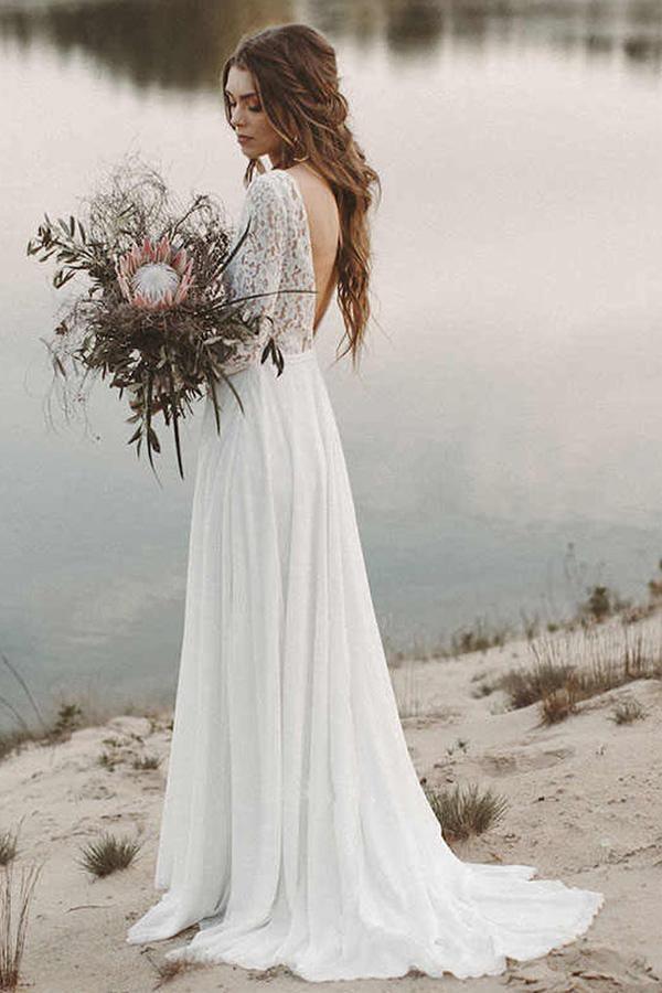 Einfaches V-Ausschnitt, offener Rücken, lange Ärmel, Spitze, Strand-Brautkleid