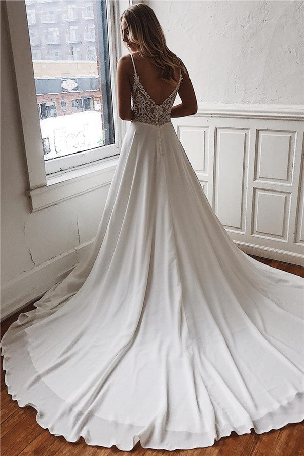 V Neck Sleeveless Chiffon A Line Wedding Dress With Lace Backless Sweep Train