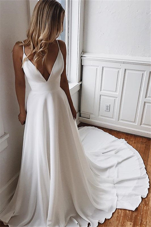 V Neck Sleeveless Chiffon A Line Wedding Dress With Lace Backless Sweep Train