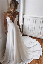 V Neck Sleeveless Chiffon A Line Wedding Dress With Lace Backless Sweep Train