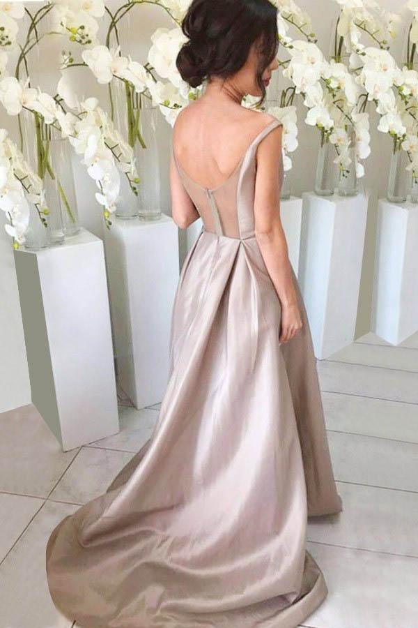 Einfaches ärmelloses Brautjungfernkleid mit V-Ausschnitt, hoher vorne, langer hinten Saum, silberfarben BD061