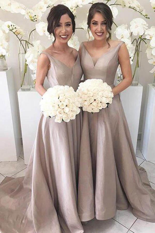 Einfaches ärmelloses Brautjungfernkleid mit V-Ausschnitt, hoher vorne, langer hinten Saum, silberfarben BD061