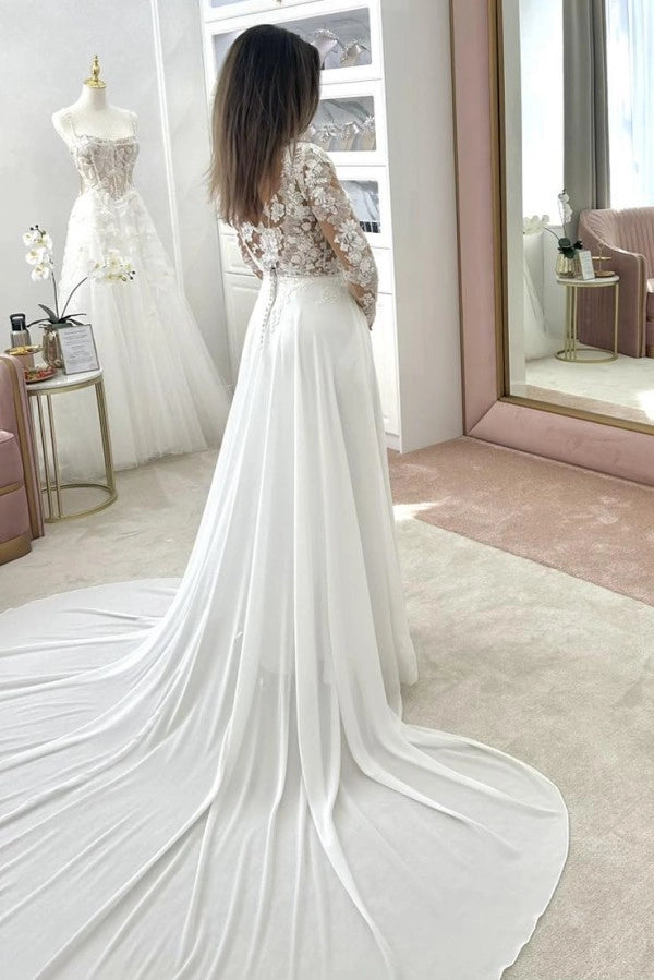 White Crew Neck Long Sleeve A Line Wedding Dress With Appliques And Chapel Train