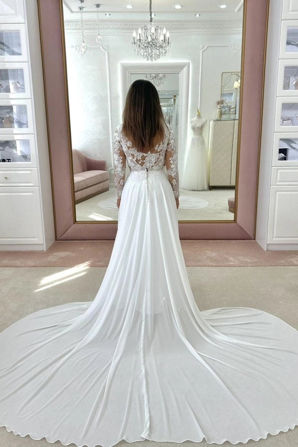 White Crew Neck Long Sleeve A Line Wedding Dress With Appliques And Chapel Train