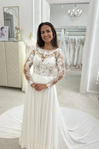 White Crew Neck Long Sleeve A Line Wedding Dress With Appliques And Chapel Train