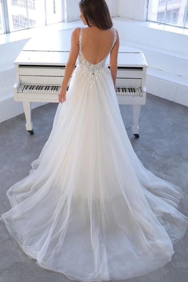 Vestido de Noiva Branco Simples, Comprido, Corte em A, Decote em V, Tule, Renda e Costas Descobertas