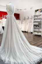 Sleeveless White Tulle Lace Ruffles Aline Backless Wedding Dress Floor Length
