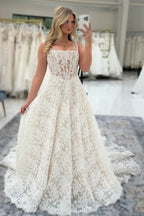Ivory A Line Sleeveless Lace Wedding Dress With Square Neckline And Appliques