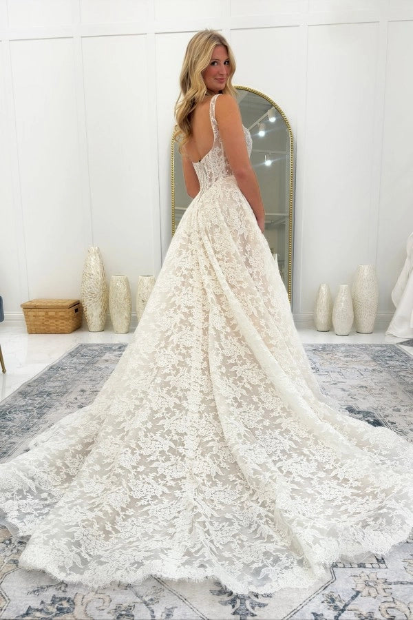 Ivory A Line Sleeveless Lace Wedding Dress With Square Neckline And Appliques