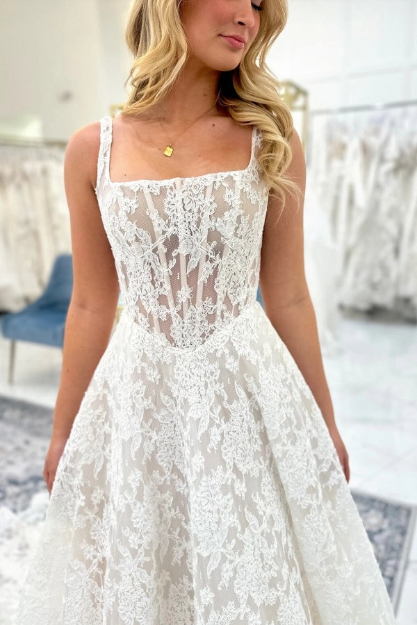Ivory A Line Sleeveless Lace Wedding Dress With Square Neckline And Appliques