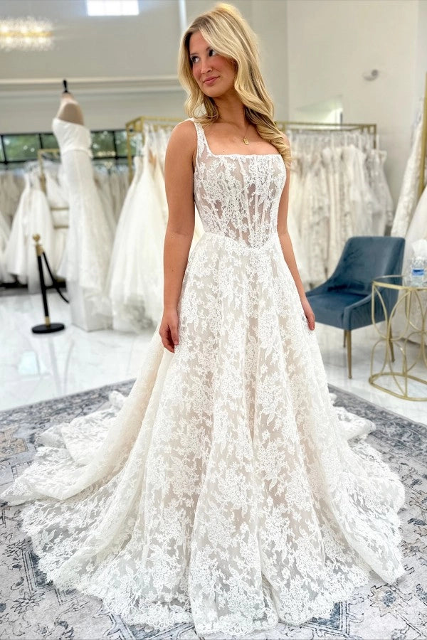 Ivory A Line Sleeveless Lace Wedding Dress With Square Neckline And Appliques