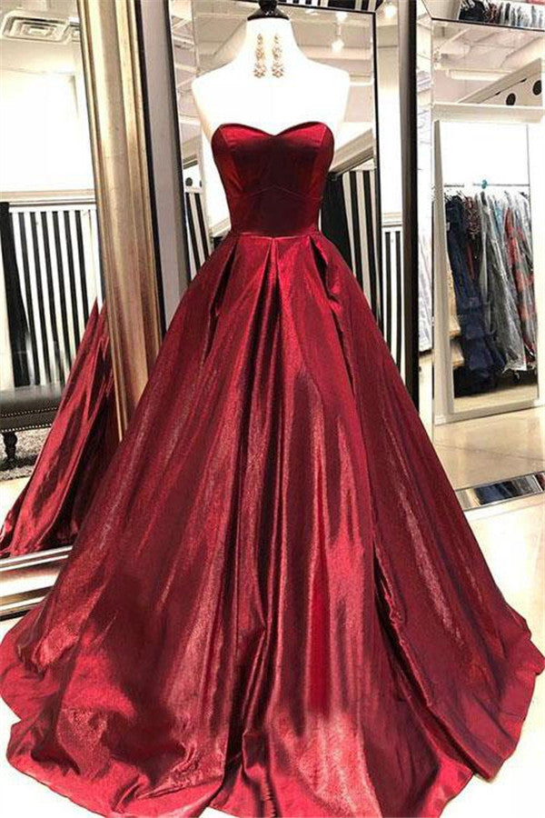Robe de bal bordeaux longue élégante en ligne A, sans manches, à décolleté cœur
