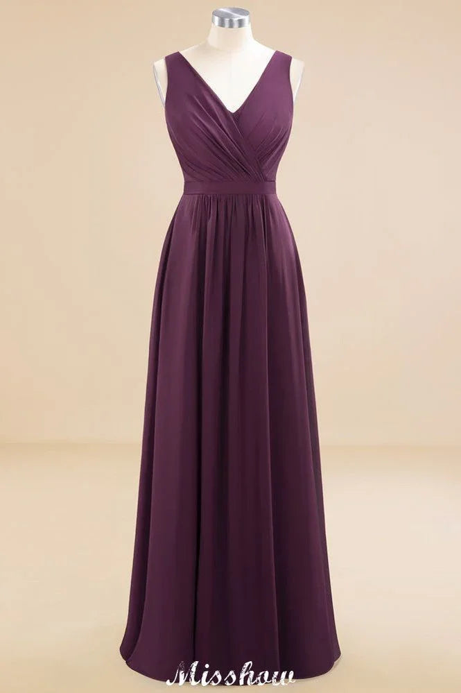 Ärmelloses A-Linien Chiffon Brautjungfernkleid bodenlang mit V-Ausschnitt Festkleid