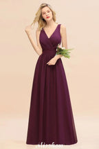 Ärmelloses A-Linien Chiffon Brautjungfernkleid bodenlang mit V-Ausschnitt Festkleid
