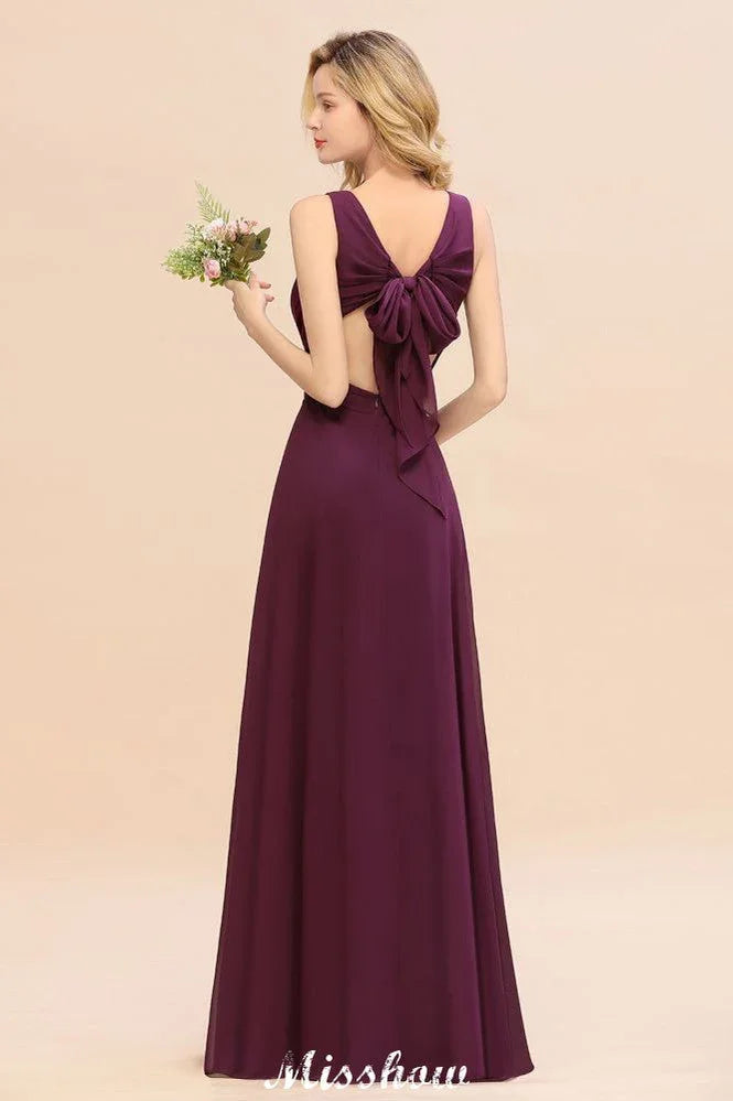 Ärmelloses A-Linien Chiffon Brautjungfernkleid bodenlang mit V-Ausschnitt Festkleid