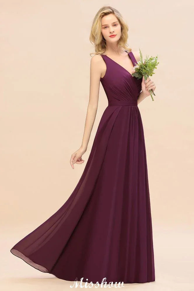 Ärmelloses A-Linien Chiffon Brautjungfernkleid bodenlang mit V-Ausschnitt Festkleid
