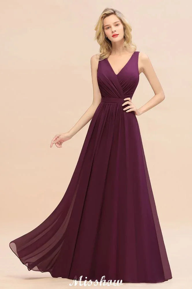 Ärmelloses A-Linien Chiffon Brautjungfernkleid bodenlang mit V-Ausschnitt Festkleid