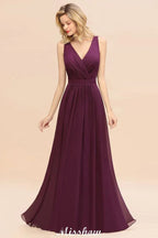 Ärmelloses A-Linien Chiffon Brautjungfernkleid bodenlang mit V-Ausschnitt Festkleid