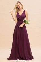 Ärmelloses A-Linien Chiffon Brautjungfernkleid bodenlang mit V-Ausschnitt Festkleid