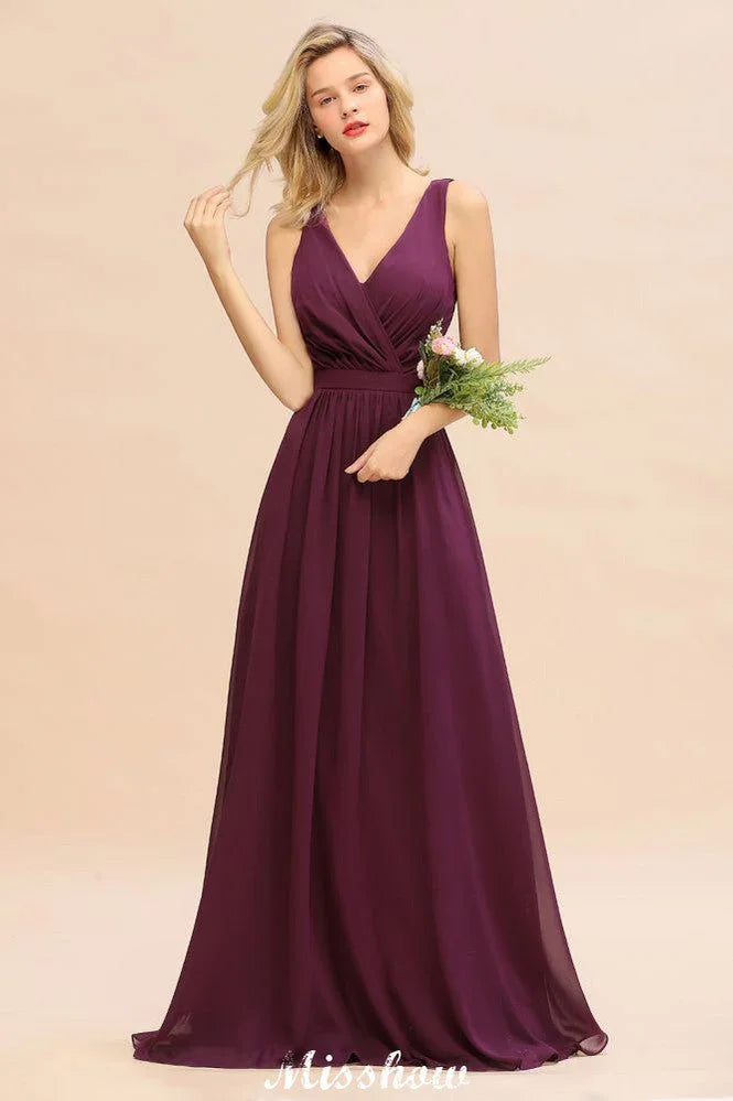 Ärmelloses A-Linien Chiffon Brautjungfernkleid bodenlang mit V-Ausschnitt Festkleid