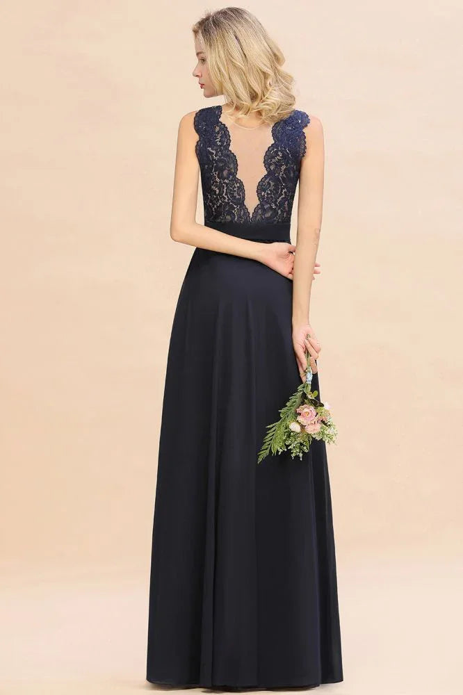 Ärmelloses Abend-Maxikleid in A-Linie mit Spitzenapplikationen, bodenlang, Brautjungfernkleid, festliches Kleid
