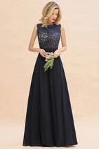 Ärmelloses Abend-Maxikleid in A-Linie mit Spitzenapplikationen, bodenlang, Brautjungfernkleid, festliches Kleid