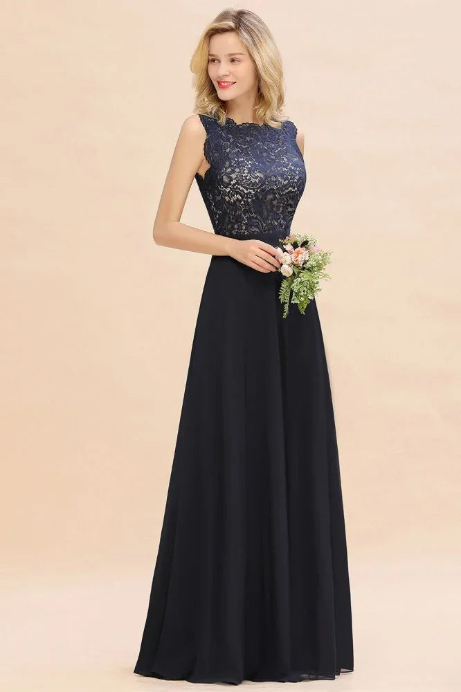 Ärmelloses Abend-Maxikleid in A-Linie mit Spitzenapplikationen, bodenlang, Brautjungfernkleid, festliches Kleid