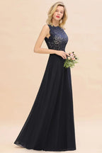 Ärmelloses Abend-Maxikleid in A-Linie mit Spitzenapplikationen, bodenlang, Brautjungfernkleid, festliches Kleid