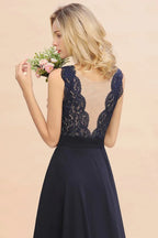 Ärmelloses Abend-Maxikleid in A-Linie mit Spitzenapplikationen, bodenlang, Brautjungfernkleid, festliches Kleid