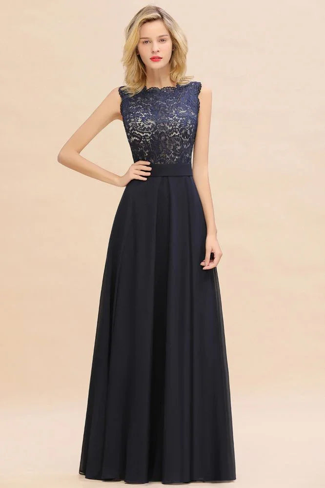 Ärmelloses Abend-Maxikleid in A-Linie mit Spitzenapplikationen, bodenlang, Brautjungfernkleid, festliches Kleid