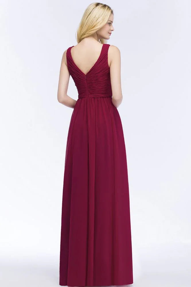 Vestidos de Dama de Honra em Chiffon com Folhos, Sem Mangas, Corte em A, Decote em V, Comprimento até ao Chão, Vestido de Festa
