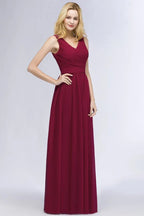 Vestidos de Dama de Honra em Chiffon com Folhos, Sem Mangas, Corte em A, Decote em V, Comprimento até ao Chão, Vestido de Festa