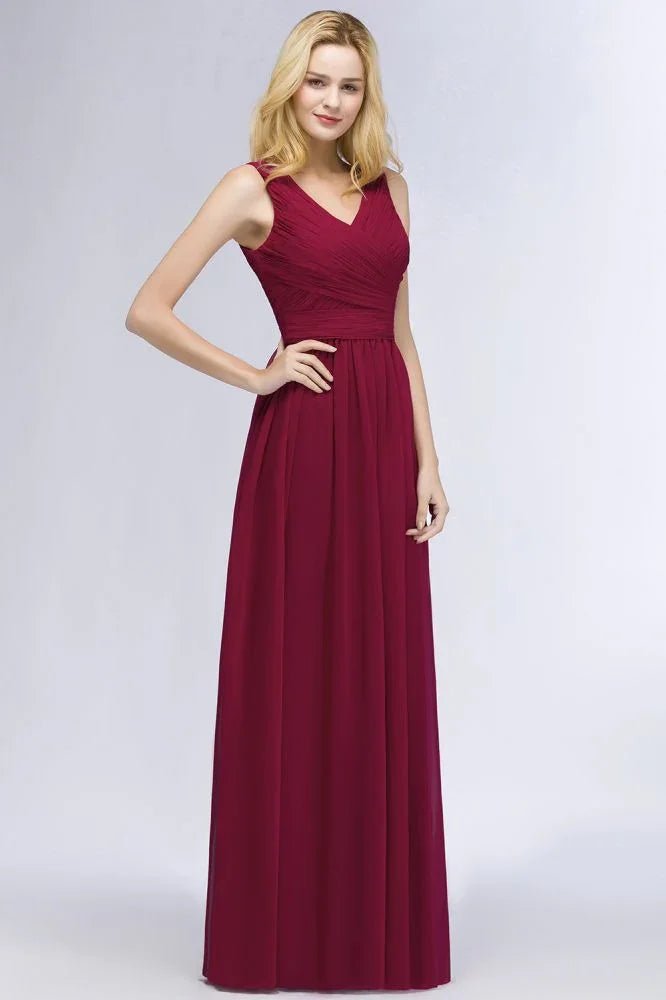 Vestidos de Dama de Honra em Chiffon com Folhos, Sem Mangas, Corte em A, Decote em V, Comprimento até ao Chão, Vestido de Festa