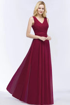Vestidos de Dama de Honra em Chiffon com Folhos, Sem Mangas, Corte em A, Decote em V, Comprimento até ao Chão, Vestido de Festa