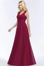 Vestidos de Dama de Honra em Chiffon com Folhos, Sem Mangas, Corte em A, Decote em V, Comprimento até ao Chão, Vestido de Festa