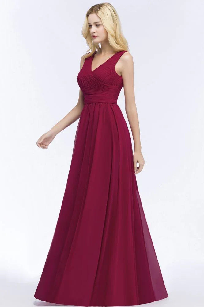 Vestidos de Dama de Honra em Chiffon com Folhos, Sem Mangas, Corte em A, Decote em V, Comprimento até ao Chão, Vestido de Festa
