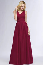 Vestidos de Dama de Honra em Chiffon com Folhos, Sem Mangas, Corte em A, Decote em V, Comprimento até ao Chão, Vestido de Festa